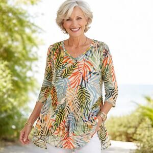 Tahari Floral Palm Leaves 3/4 Sleeve V Neck Blouse Size 1X NWOT